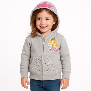 Disney Princess‎ Girls Gray Hoodie Jacket 4T Sequins Tiara Crown Zip Up